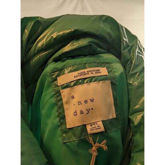 Wet Look Puffer Jacket A New Day Jade XXL Green Winter Coat Zip Up Puffy Cinch - Picture 9 of 11